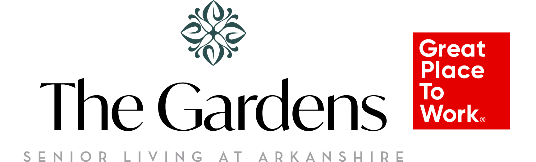 The Gardens at Arkanshire Senior Living logo features the Great Place to Work badge, highlighting the community’s certification and commitment to a supportive workplace culture.